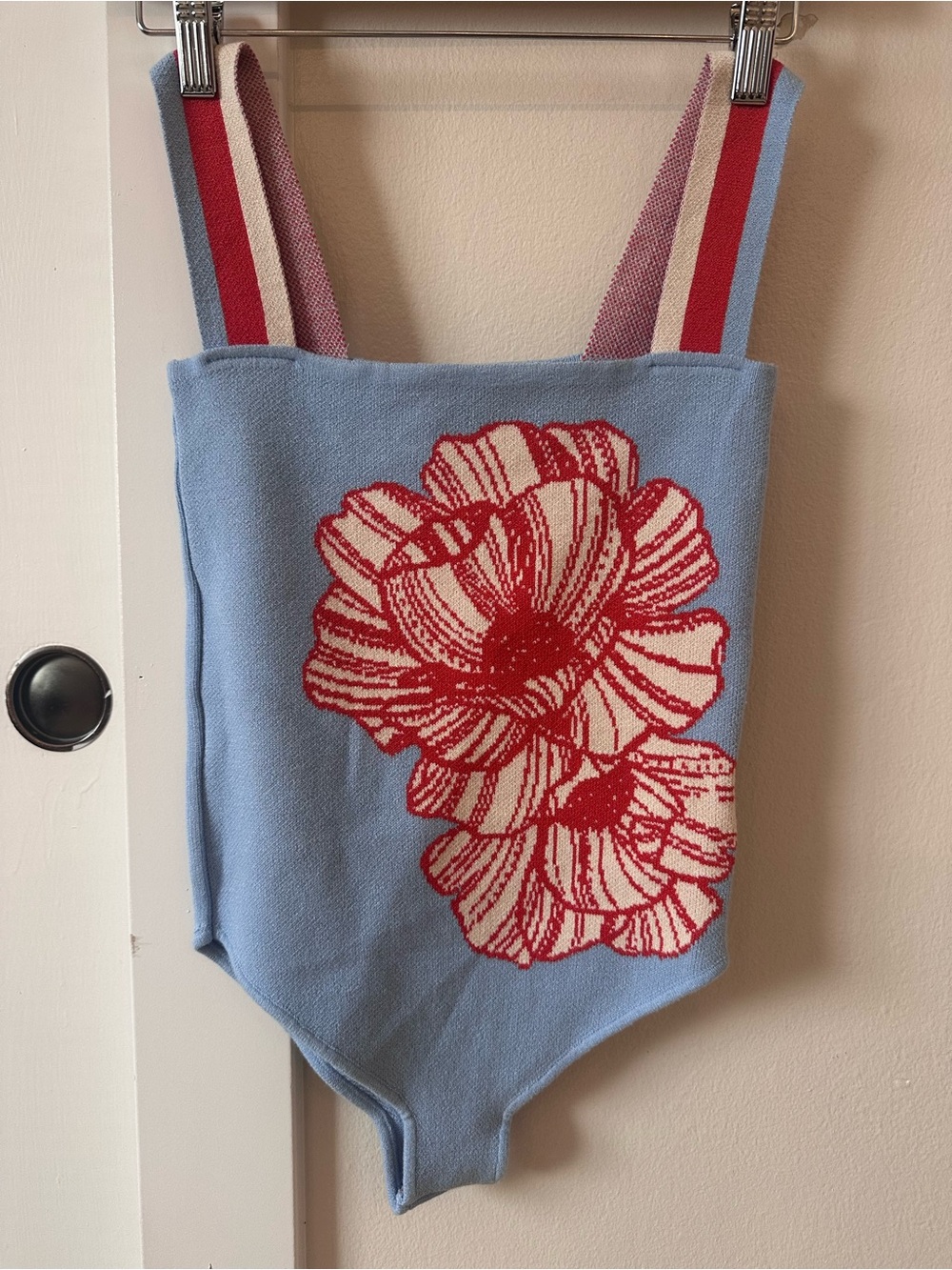 FARM Rio Blue Bodysuit with Red Floral Knit